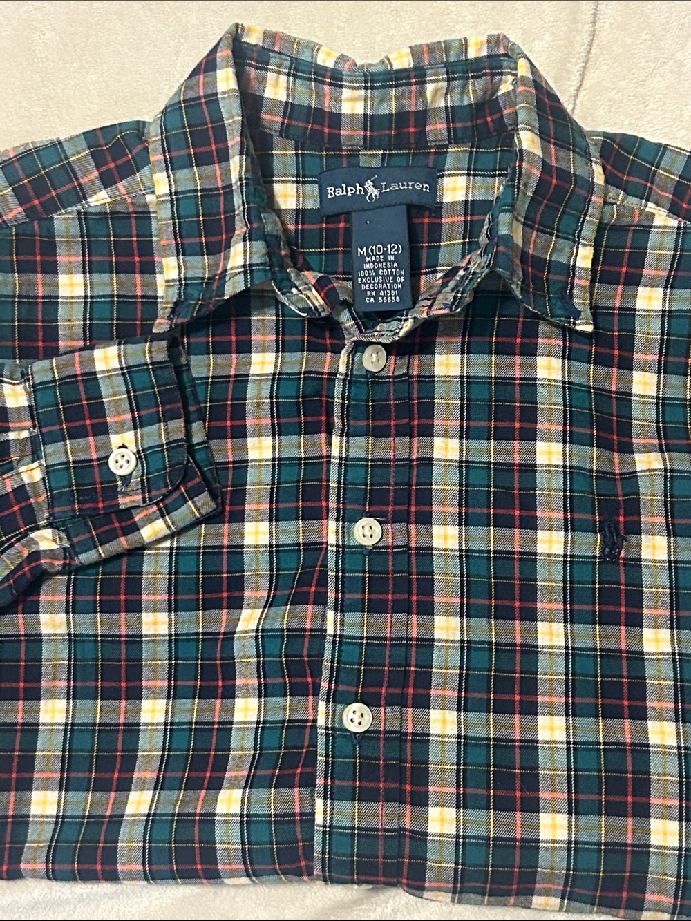 Ralph Lauren Boys M 10 12 Plaid Button Down Shirt Long Sleeve Green Navy Cotton